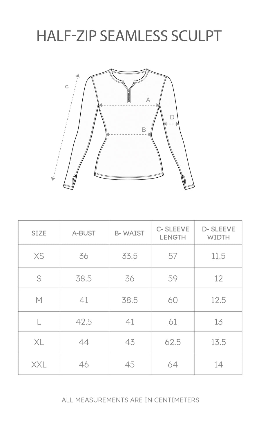 Size chart for Half-Zip Seamless Sculpt