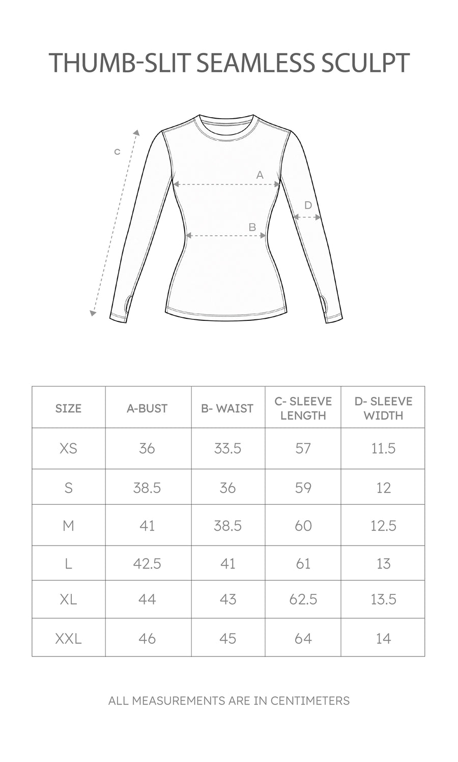 Size chart for Thumb-Slit Seamless Sculpt