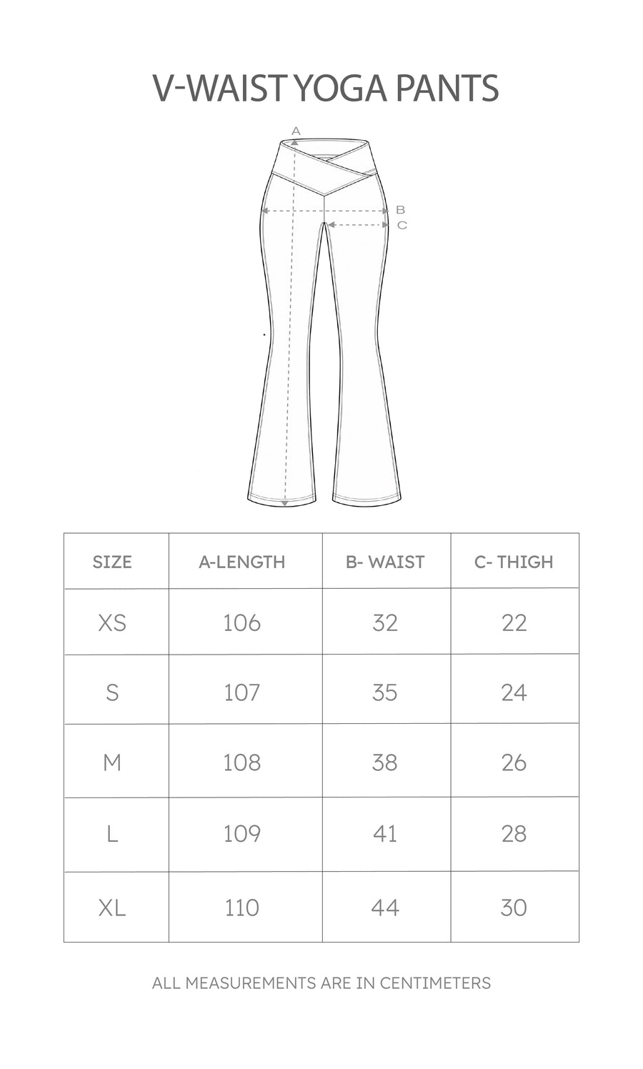 Size chart for V-Waist Yoga Pants