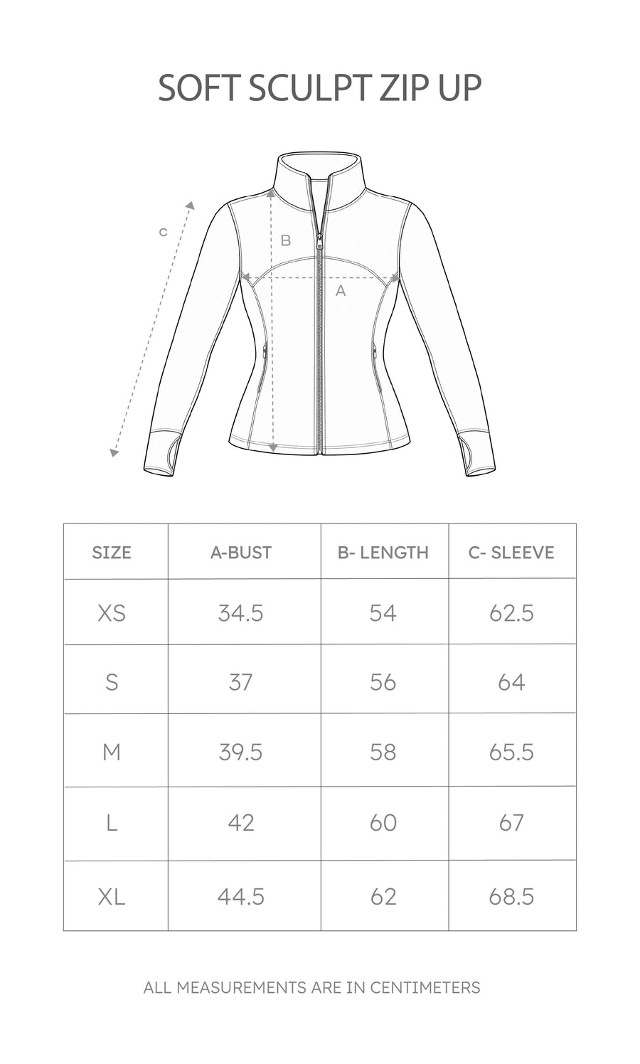Size chart for Soft Sculpt Zip Up
