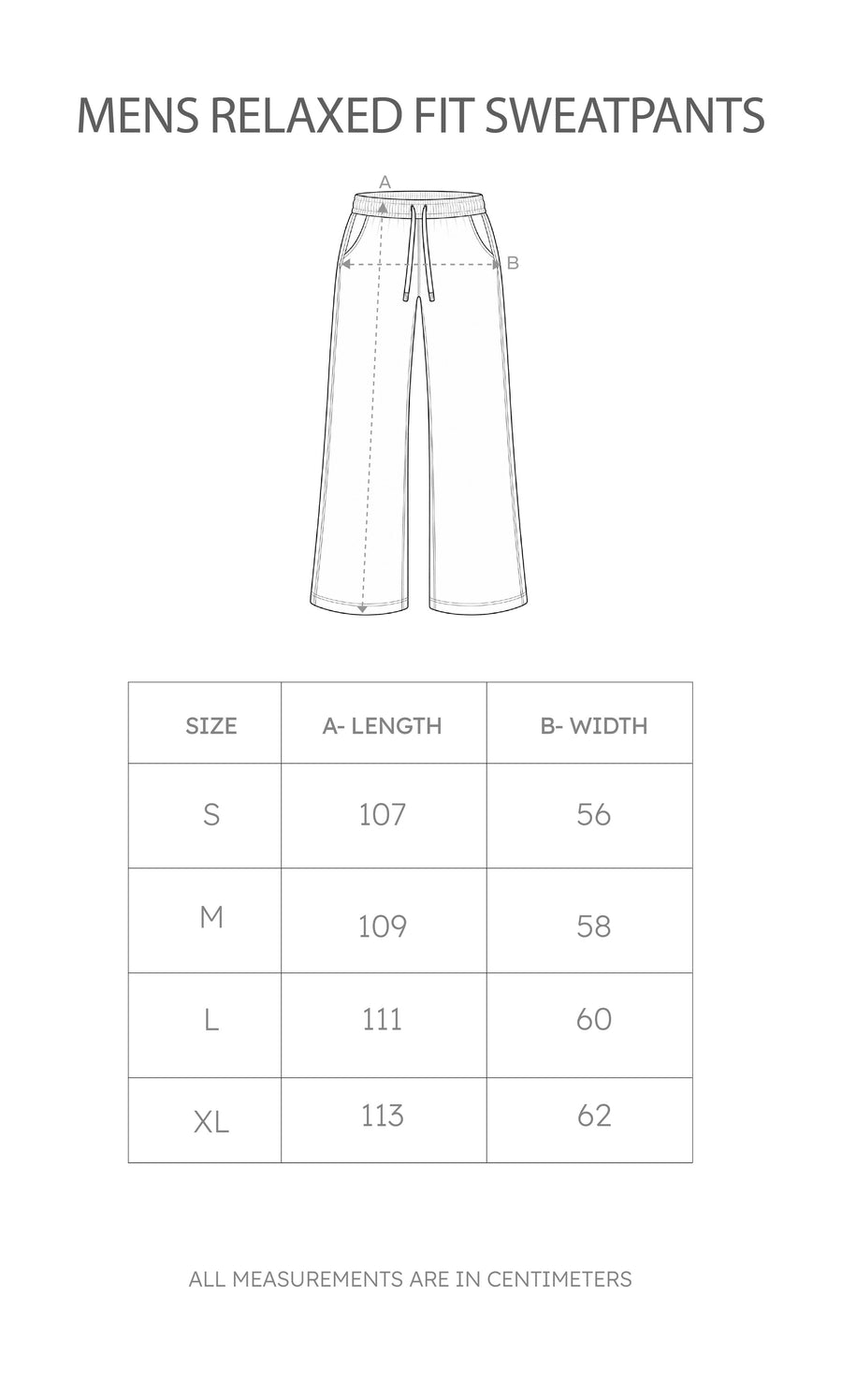 Size chart for Mens Relaxed Fit Sweatpants