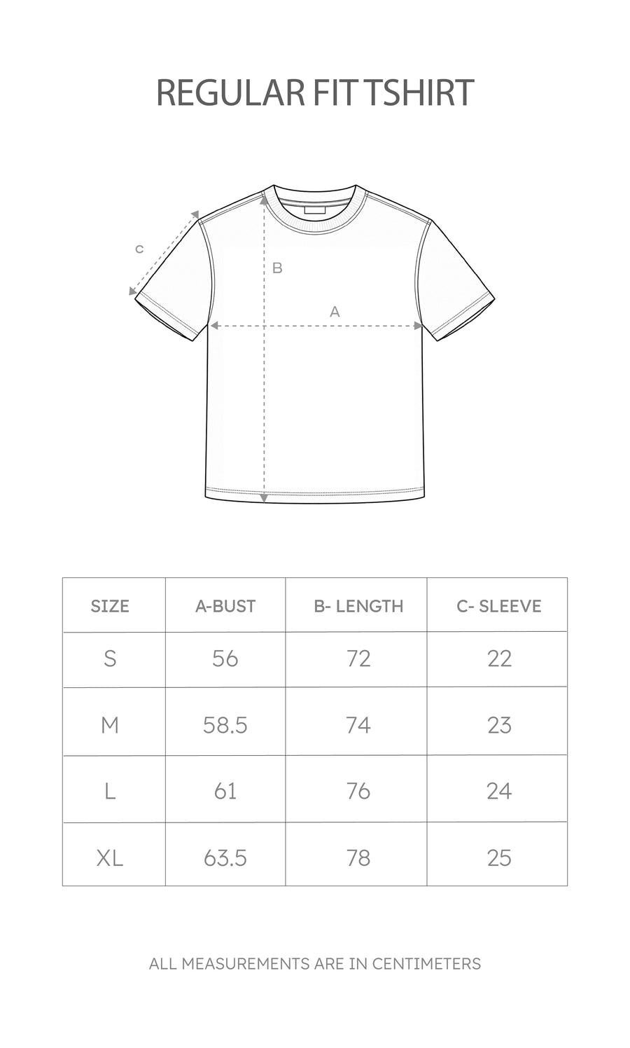 Size chart for Regular Fit Tshirt
