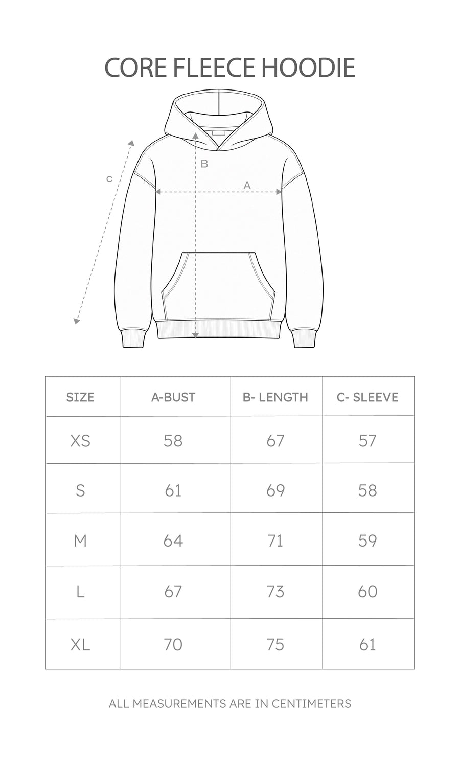 Size chart for Core Fleece Hoodie