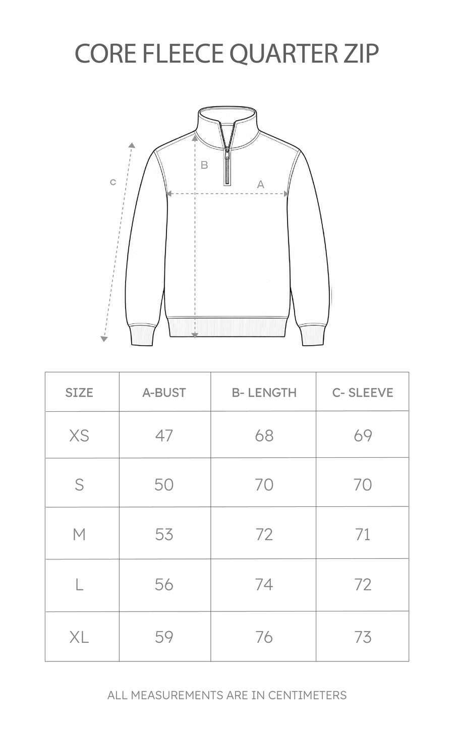 Size chart for Core Fleece Quarter Zip