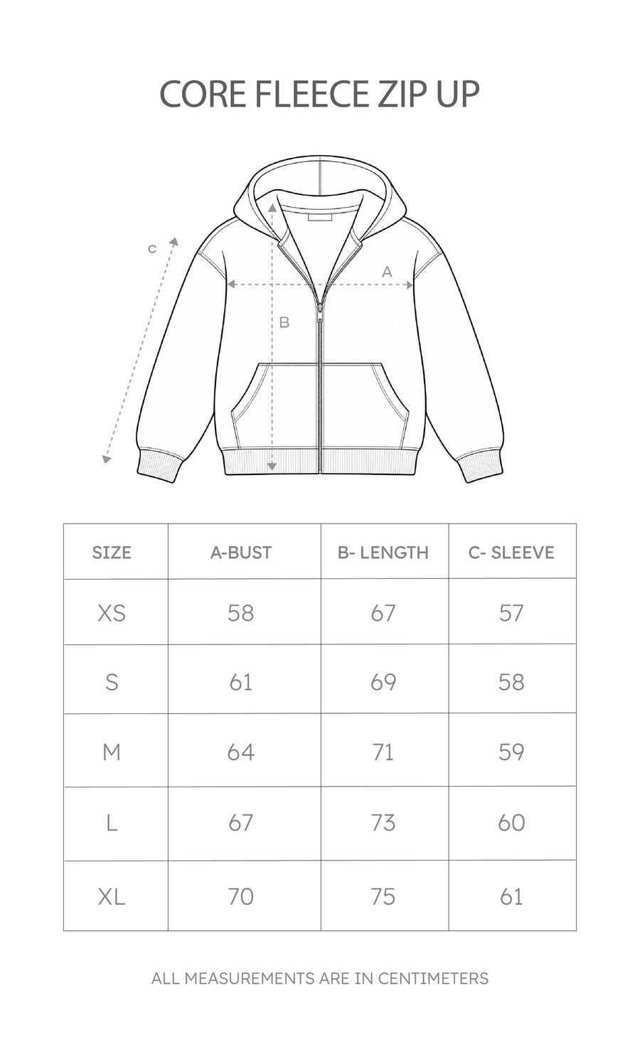 Size chart for Core Fleece Zip Up
