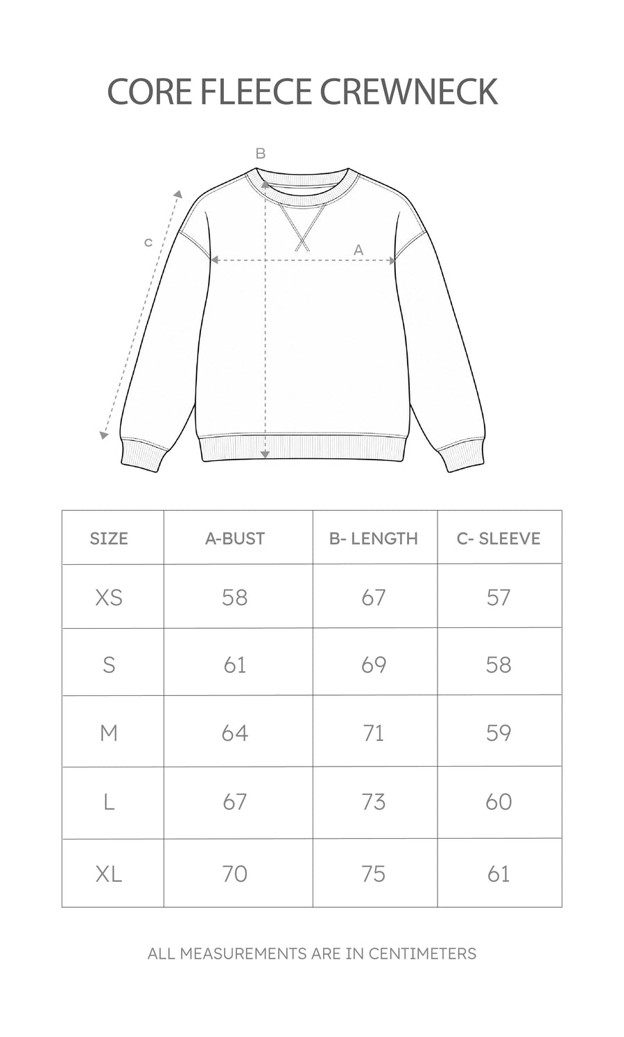 Size chart for Core Fleece Crewneck