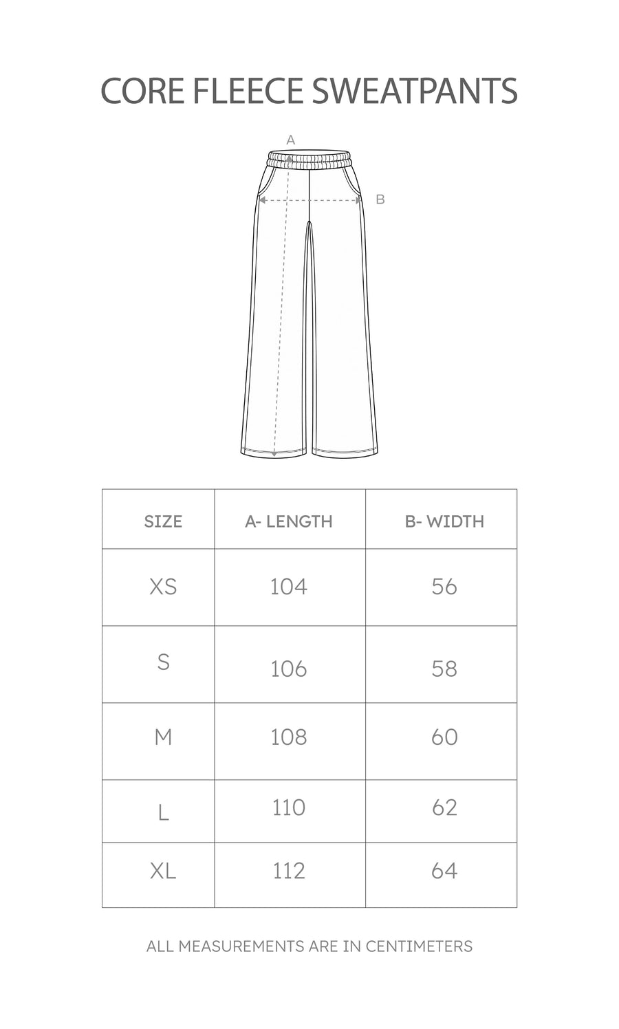 Size chart for Core Fleece Sweatpants