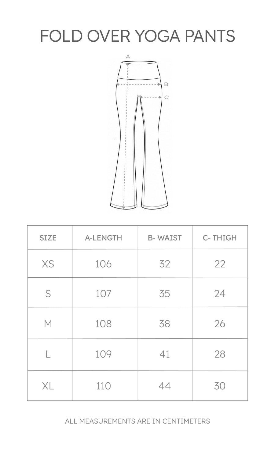 Size chart for Fold-Over Yoga Pants