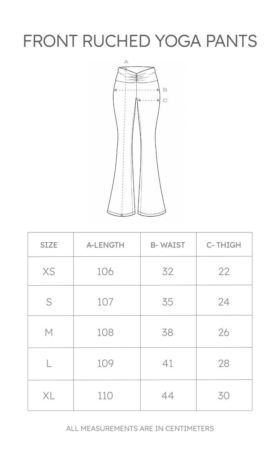 Size chart for Front Ruched Yoga Pants