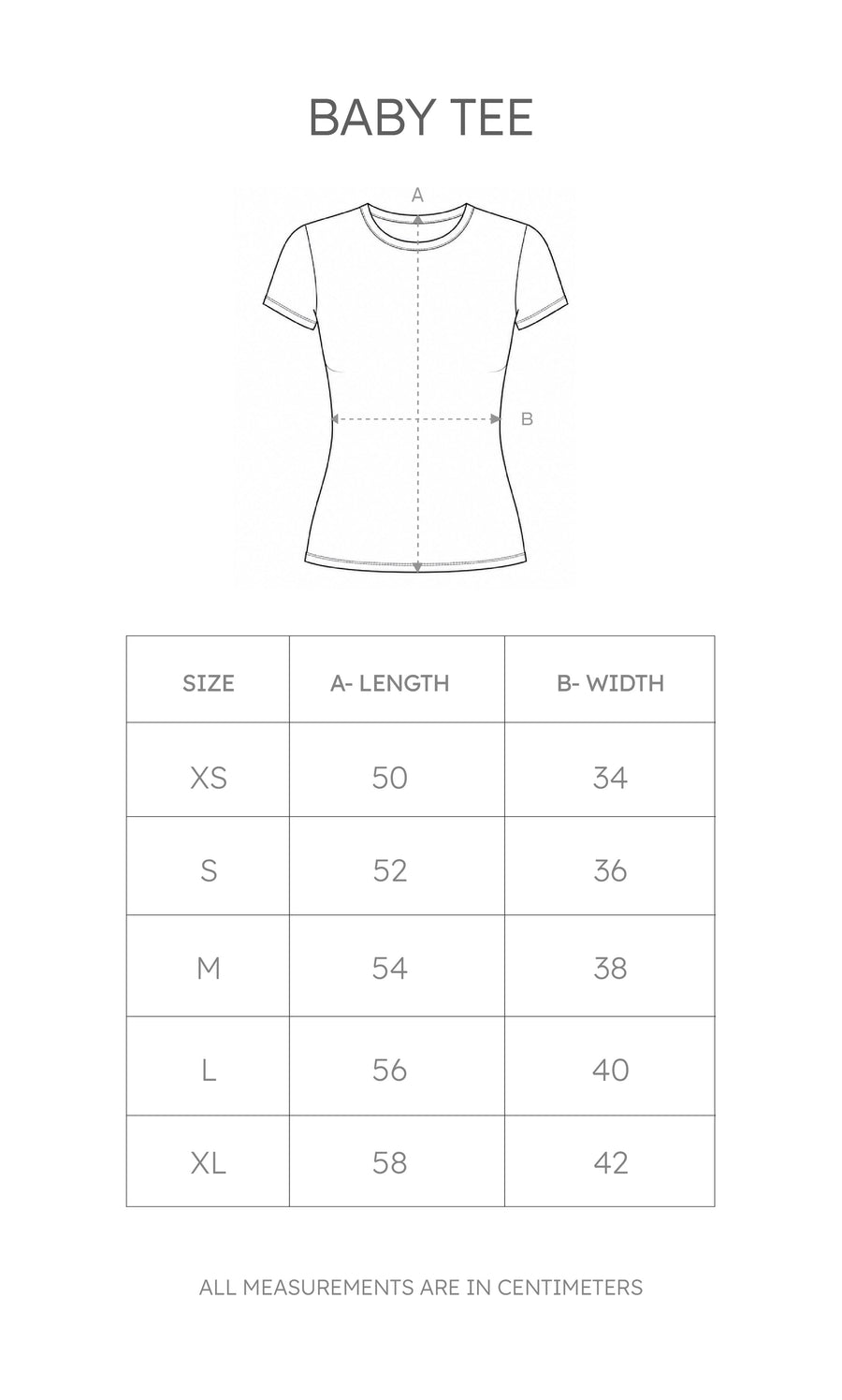 Size chart for Baby Tee