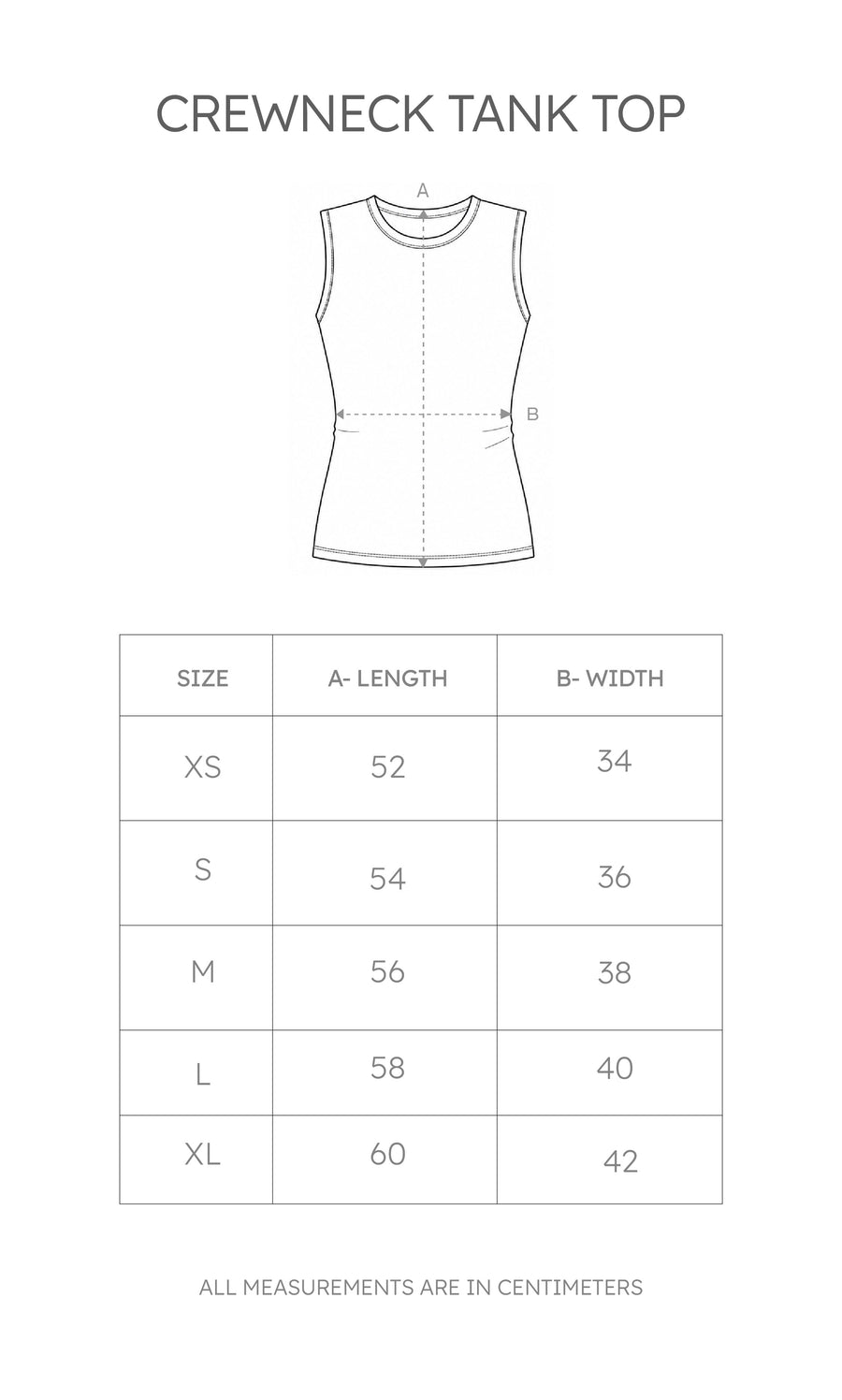 Size chart for Crewneck Tank Top