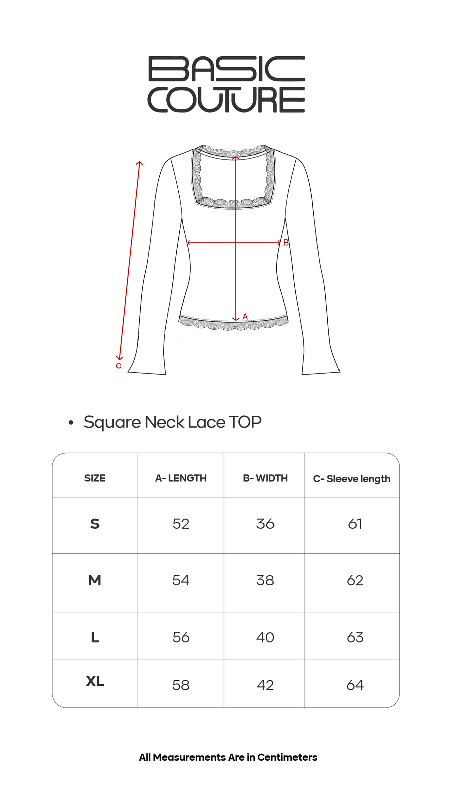 Size Chart for Square Neck Lace Top