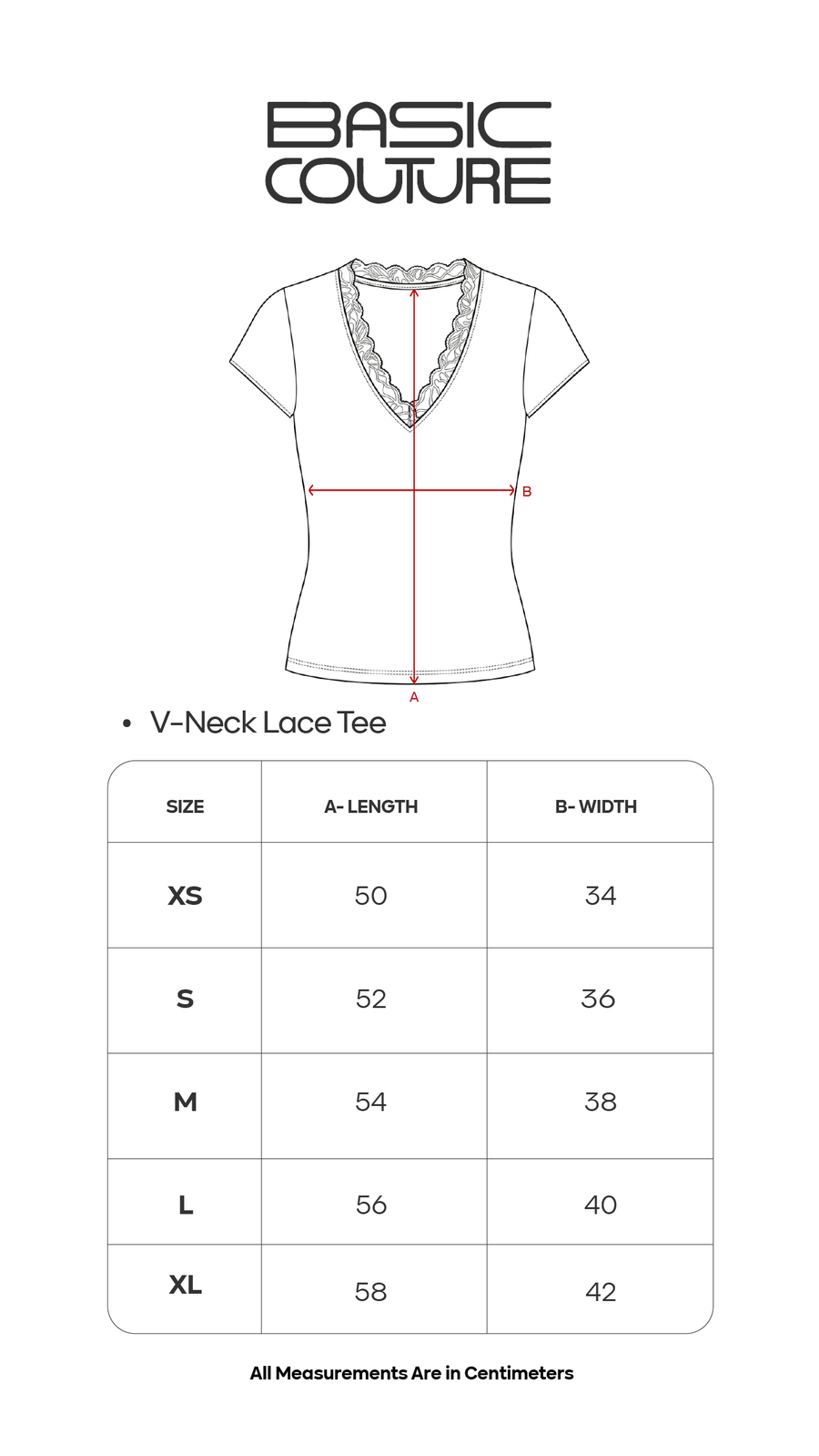 Size Chart for V-Neck Lace Tee