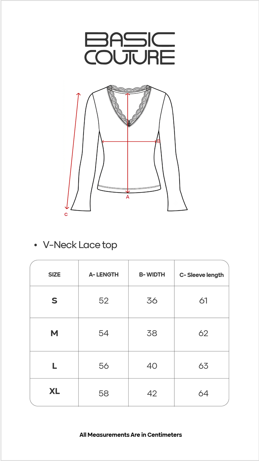 Size Chart for V-Neck Lace Top